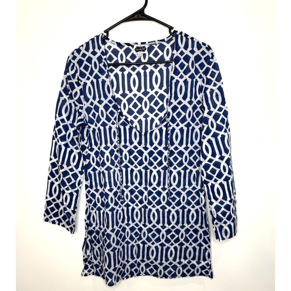 MudPie Tunic Small Nautical Blue Geo Cotton V-Neck Blouse Lightweight Cover Up S